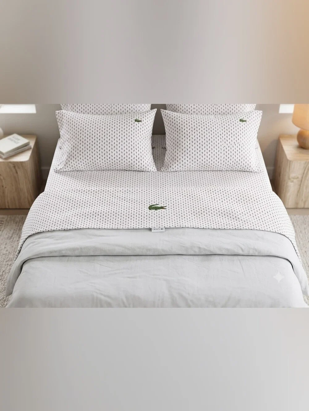 Lacoste White Bedding Set with Green Crocodile Accent